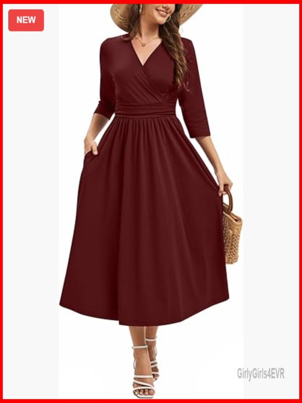V-Neck Wrap Midi Dress with Pockets 3/4 Sleeve A-Line Work Cocktail